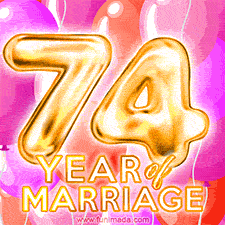 Bright '74 Years of Marriage' in shiny Bright letters, surrounded by colorful balloons on a cheerful and celebratory pink background.