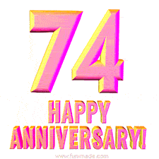 Sophisticated pink and gold '74 Happy Anniversary' text in a polished 3D look, crafted to highlight a significant milestone.
