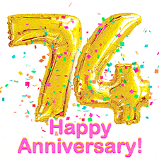 Sparkling gold balloons forming the number 74 with a burst of multicolored confetti and vibrant pink 'Happy Anniversary' text.