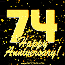 Large yellow '74' surrounded by shimmering gold stars and the celebratory message 'Happy Anniversary!' below in cursive.