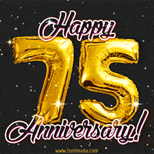 75' in golden balloon numbers and 'Happy Anniversary!' written in bold cursive, set on a shimmering starry black background.