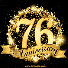 Shimmering '76 Anniversary' in gold, encased in a radiant confetti circle with a golden ribbon accent at the bottom.