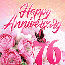Pink peonies and butterfly adorn a 'Happy Anniversary 76' design, creating a warm and loving vibe for this milestone celebration.