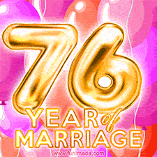 Bright '76 Years of Marriage' in shiny Bright letters, surrounded by colorful balloons on a cheerful and celebratory pink background.