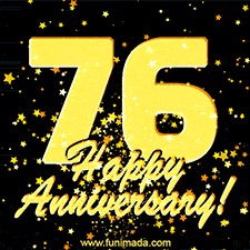 Large yellow '76' surrounded by shimmering gold stars and the celebratory message 'Happy Anniversary!' below in cursive.