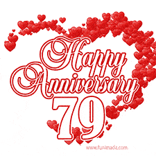 A heart-shaped design made of red hearts surrounds the elegant text 'Happy Anniversary' with the bold number '79' below.