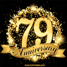 Shimmering '79 Anniversary' in gold, encased in a radiant confetti circle with a golden ribbon accent at the bottom.