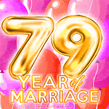 Bright '79 Years of Marriage' in shiny Bright letters, surrounded by colorful balloons on a cheerful and celebratory pink background.
