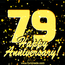 Large yellow '79' surrounded by shimmering gold stars and the celebratory message 'Happy Anniversary!' below in cursive.