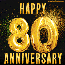 Bright golden balloons shaped like '80' with dazzling fireworks and 'Happy Anniversary' text shining on a black background.