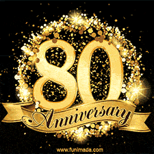 Shimmering '80 Anniversary' in gold, encased in a radiant confetti circle with a golden ribbon accent at the bottom.