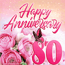 Pink peonies and butterfly adorn a 'Happy Anniversary 80' design, creating a warm and loving vibe for this milestone celebration.