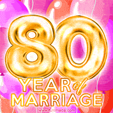 Bright '80 Years of Marriage' in shiny Bright letters, surrounded by colorful balloons on a cheerful and celebratory pink background.