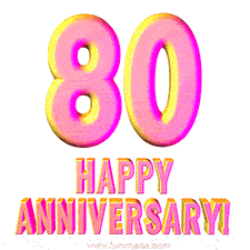 Sophisticated pink and gold '80 Happy Anniversary' text in a polished 3D look, crafted to highlight a significant milestone.