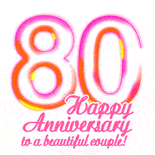 Stylish pink and yellow neon numbers '80' glowing brightly with a heartfelt 'Happy Anniversary to a beautiful couple!' written in pink cursive text.