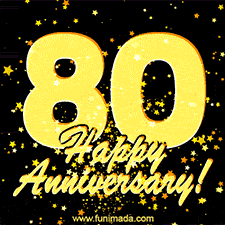 Large yellow '80' surrounded by shimmering gold stars and the celebratory message 'Happy Anniversary!' below in cursive.