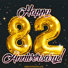 82' in golden balloon numbers and 'Happy Anniversary!' written in bold cursive, set on a shimmering starry black background.