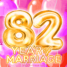 Bright '82 Years of Marriage' in shiny Bright letters, surrounded by colorful balloons on a cheerful and celebratory pink background.
