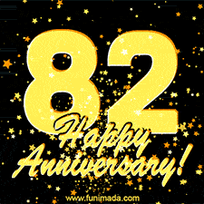 Large yellow '82' surrounded by shimmering gold stars and the celebratory message 'Happy Anniversary!' below in cursive.