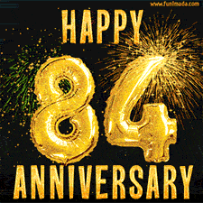 Bright golden balloons shaped like '84' with dazzling fireworks and 'Happy Anniversary' text shining on a black background.