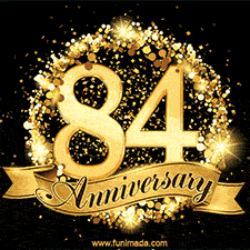 Shimmering '84 Anniversary' in gold, encased in a radiant confetti circle with a golden ribbon accent at the bottom.
