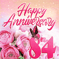 Pink peonies and butterfly adorn a 'Happy Anniversary 84' design, creating a warm and loving vibe for this milestone celebration.