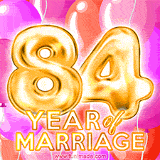 Bright '84 Years of Marriage' in shiny Bright letters, surrounded by colorful balloons on a cheerful and celebratory pink background.