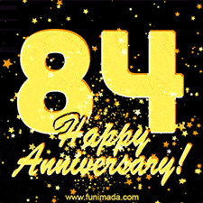 Large yellow '84' surrounded by shimmering gold stars and the celebratory message 'Happy Anniversary!' below in cursive.