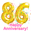 Happy Anniversary! Gold Number 86 Balloons and Confetti GIF.