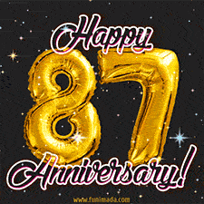87' in golden balloon numbers and 'Happy Anniversary!' written in bold cursive, set on a shimmering starry black background.