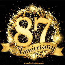 Shimmering '87 Anniversary' in gold, encased in a radiant confetti circle with a golden ribbon accent at the bottom.