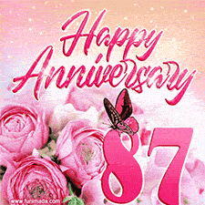 Pink peonies and butterfly adorn a 'Happy Anniversary 87' design, creating a warm and loving vibe for this milestone celebration.