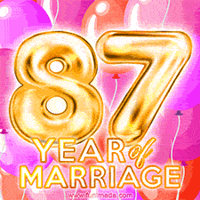 Bright '87 Years of Marriage' in shiny Bright letters, surrounded by colorful balloons on a cheerful and celebratory pink background.