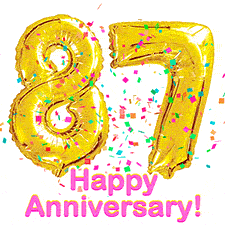 Sparkling gold balloons forming the number 87 with a burst of multicolored confetti and vibrant pink 'Happy Anniversary' text.