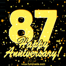 Large yellow '87' surrounded by shimmering gold stars and the celebratory message 'Happy Anniversary!' below in cursive.