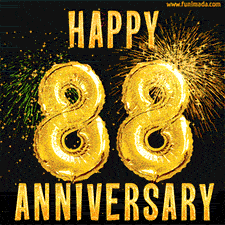 Bright golden balloons shaped like '88' with dazzling fireworks and 'Happy Anniversary' text shining on a black background.