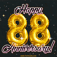 88' in golden balloon numbers and 'Happy Anniversary!' written in bold cursive, set on a shimmering starry black background.