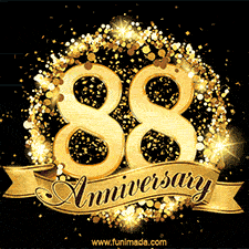 Shimmering '88 Anniversary' in gold, encased in a radiant confetti circle with a golden ribbon accent at the bottom.