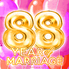 Bright '88 Years of Marriage' in shiny Bright letters, surrounded by colorful balloons on a cheerful and celebratory pink background.