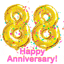 Sparkling gold balloons forming the number 88 with a burst of multicolored confetti and vibrant pink 'Happy Anniversary' text.