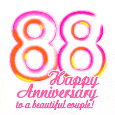 Stylish pink and yellow neon numbers '88' glowing brightly with a heartfelt 'Happy Anniversary to a beautiful couple!' written in pink cursive text.
