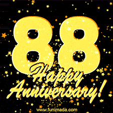 Large yellow '88' surrounded by shimmering gold stars and the celebratory message 'Happy Anniversary!' below in cursive.