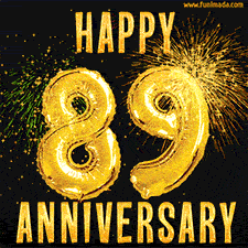 Bright golden balloons shaped like '89' with dazzling fireworks and 'Happy Anniversary' text shining on a black background.