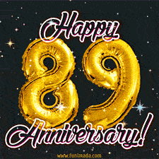 89' in golden balloon numbers and 'Happy Anniversary!' written in bold cursive, set on a shimmering starry black background.