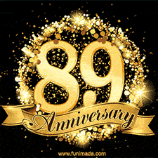 Shimmering '89 Anniversary' in gold, encased in a radiant confetti circle with a golden ribbon accent at the bottom.