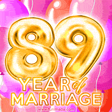 Bright '89 Years of Marriage' in shiny Bright letters, surrounded by colorful balloons on a cheerful and celebratory pink background.