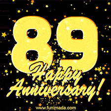 Large yellow '89' surrounded by shimmering gold stars and the celebratory message 'Happy Anniversary!' below in cursive.