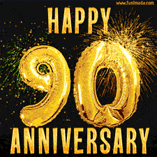 Bright golden balloons shaped like '90' with dazzling fireworks and 'Happy Anniversary' text shining on a black background.
