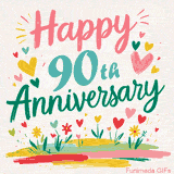 Vibrant animated greeting with pastel hearts and playful flowers under a bright 'Happy 90th Anniversary' message.