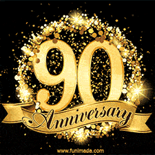 Shimmering '90 Anniversary' in gold, encased in a radiant confetti circle with a golden ribbon accent at the bottom.